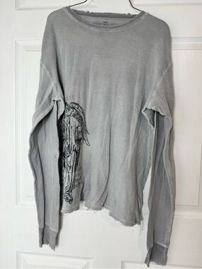 Affliction Men's Gray Distressed Crewneck Sweater with Side Graphic